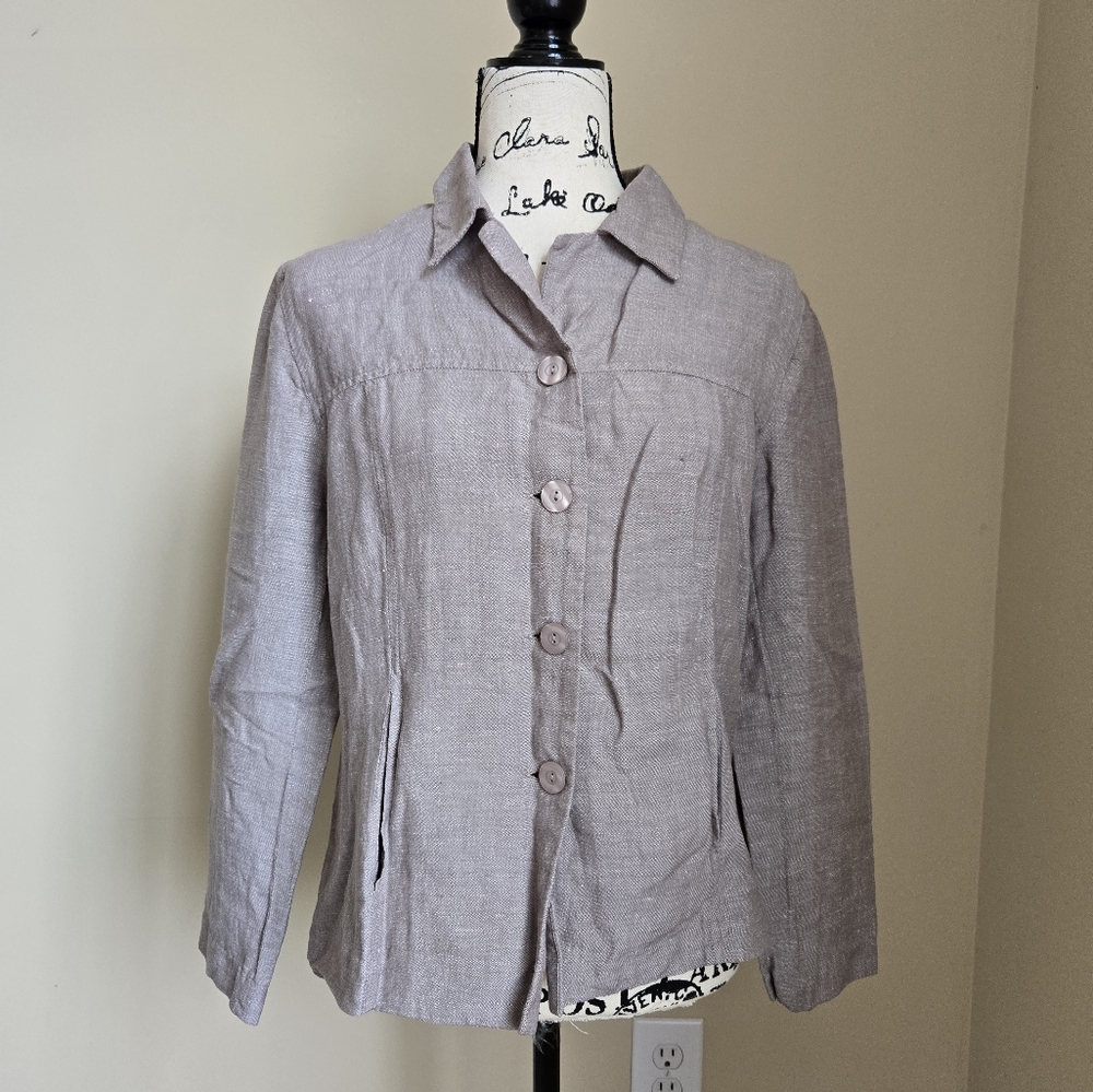 Sandro Linen Blend Top Womens 10 Gray Button Front
